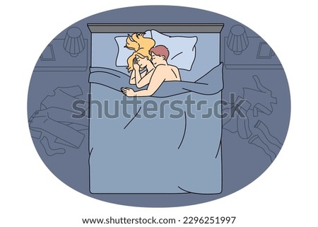 Happy young couple cuddle embrace in bed after sex. Happy man and woman hug relax in bedroom after love making. Sexual intimate life, relationships concept. Flat vector illustration.