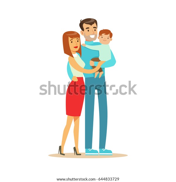 幸せな若い夫婦とかわいい赤ちゃんの男の子 お父さんが息子のカラフルなキャラクターを子どもに教えるベクターイラスト のベクター画像素材 ロイヤリティフリー