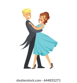 Happy young couple dancing ballroom dance in formal costumes colorful character vector Illustration