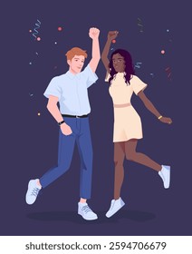 A happy young couple dancing and celebrating with confetti around them. The man wears a casual outfit, and the woman is in a dress. Dark background. Celebration concept. Vector illustration