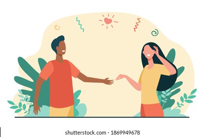 Happy young couple dating outside. Guy offering hand to his girlfriend flat vector illustration. Dating, romance, relationship concept for banner, website design or landing web page