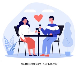 Happy young couple dating in restaurant on Valentines day. Man and woman sitting at table, drinking wine, celebrating anniversary. Vector illustration for relationship, love, romantic dinner concept