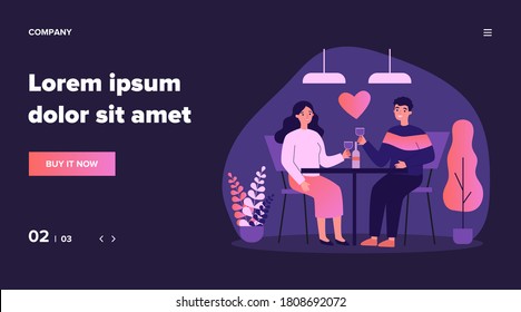Happy young couple dating in restaurant on Valentines day. Man and woman sitting at table, drinking wine, celebrating anniversary. Vector illustration for relationship, love, romantic dinner concept