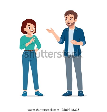 Happy Young Couple Discussing and Talking with Gestures in Casual Outfits