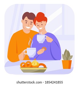 Feliz pareja joven es tomar té, café. Ilustración vectorial.