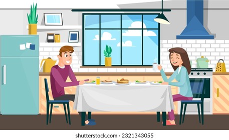 A happy young couple eating breakfast together at the kitchen table. The romantic morning of a man and a woman. Having lunch together at home in Scandinavian interior. Cartoon vector illustration.