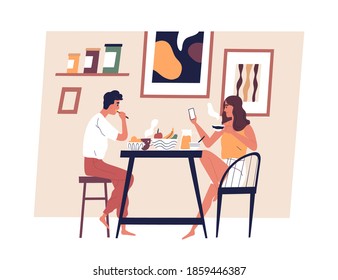 Happy Young Couple Eating Meal Together In Scandinavian Interior. Man And Woman Taking Lunch At Dining Table. People Enjoying Breakfast At Home. Everyday Routine. Flat Vector Illustration