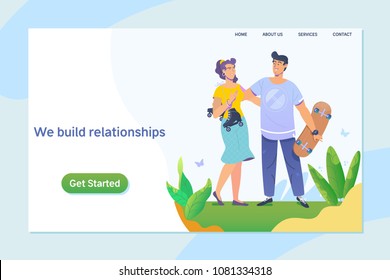 happy young couple enjoying a day in the park. together. Relationship, online dating,social networking concept. Flat vector illustration