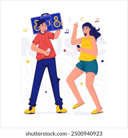 Happy young couple enjoying music and singing together vector illustration