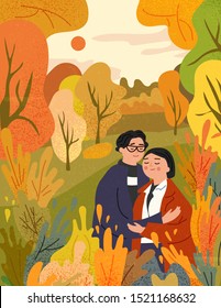 Happy young couple enjoying romantic moment in autumn park. Boy and girl in love hugging each other in fall season nature setting. Autumn mood and activity concept. Vector illustration
