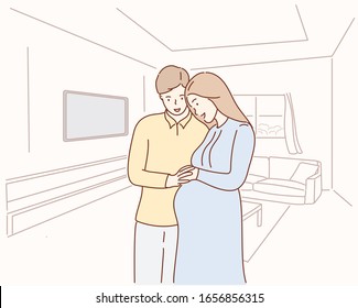 Happy young couple expecting baby standing together at home.Hand drawn style vector design illustrations.