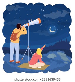 Happy young couple exploring starry sky looking through telescope spending time together during romantic dating outdoors vector illustration