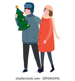 Happy young couple family with with gift xtree, winter cold weather clothes, cap, warm coat, boots. Cartoon flat style