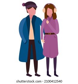 Happy young couple family, winter cold weather clothes, cap, warm coat, boots. Cartoon flat style