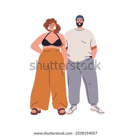 Happy young couple with fat plus-size bodies. Chunky man and chubby plump woman standing together, smiling. Romantic people with heavy weight. Flat vector illustration isolated on white background