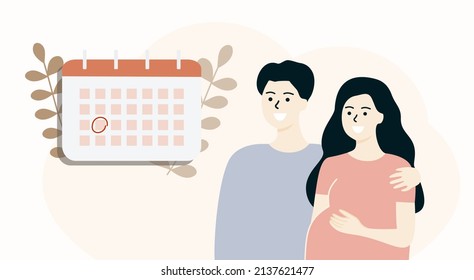 Happy young couple father and pregnant mother stands by the monthly planner calendar, waiting for the birth of baby. Maternity, pregnancy, consultation, motherhood concepts. Flat Vector Illustrations.