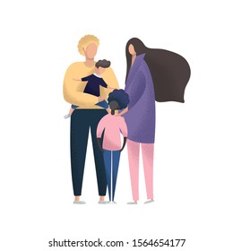 Happy young couple with foster children. Multiracial family. Adoption vector illustration. 