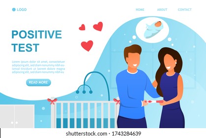 Happy young couple gets a Positive Pregnancy Test result. An attractive family is expecting a baby. The future parents arranged a children's room. Husband and wife dream of having a baby. Flat Vector