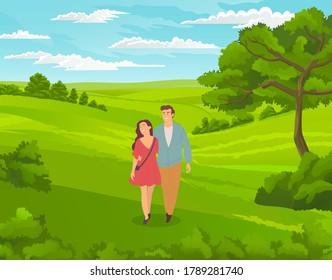 Happy young couple guy and girl walking at nature. In love people spend leisure time together outdoors. Young man and woman holding hands and walk at green meadow. Cartoon vector illustration