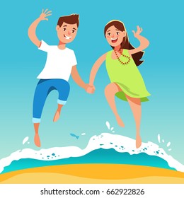 Happy young couple guy and his girlfriend running hand in hand on the beach . Summer vacation and beach holidays in cartoon style.