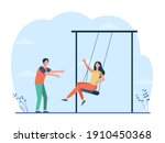 Happy young couple having fun on playground. Guy swinging girlfriend on swings. Flat vector illustration. Dating, leisure, romance concept for banner, website design or landing web page