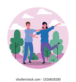happy young couple having fun in the park over white background, colorful design. vector illustration