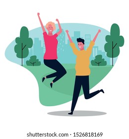 happy young couple having fun in the park over white background, colorful design. vector illustration
