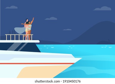 Happy young couple having fun on yacht. Guy and girl on snout of ship, boat or liner. Flat vector illustration. Sailing, vacation, cruise concept for banner, website design or landing web page