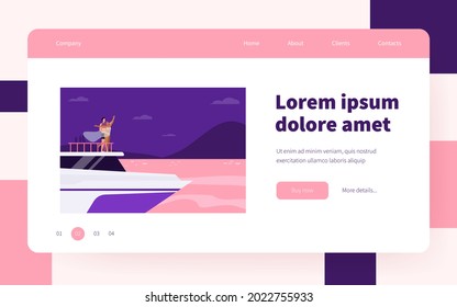 Happy young couple having fun on yacht. Guy and girl on snout of ship, boat or liner. Flat vector illustration. Sailing, vacation, cruise concept for banner, website design or landing web page