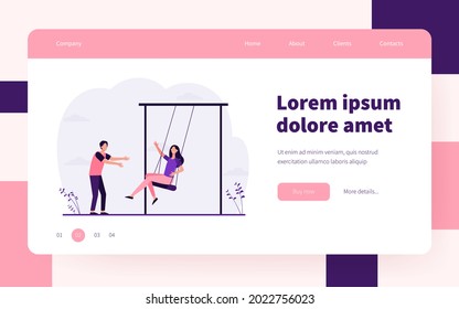 Happy young couple having fun on playground. Guy swinging girlfriend on swings. Flat vector illustration. Dating, leisure, romance concept for banner, website design or landing web page
