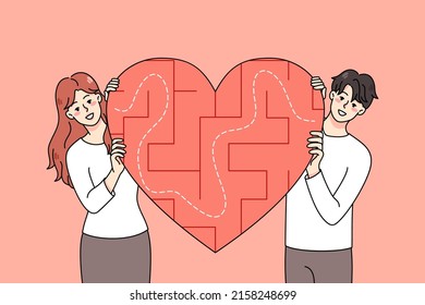 Happy young couple with heart symbol with labyrinth inside search love. Smiling man and woman look for relationships. Dating application and service. Flat vector illustration. 