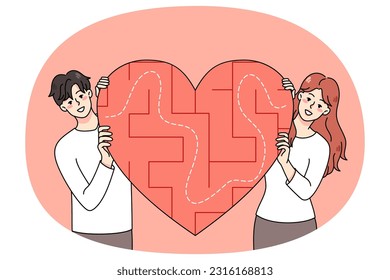 Happy young couple with heart symbol with labyrinth inside search love. Smiling man and woman look for relationships. Dating application and service. Flat vector illustration.