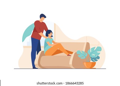 Happy young couple at home. Cheerful guy massaging shoulders of his girlfriend flat vector illustration. Relationship, comfort, relaxing concept for banner, website design or landing web page