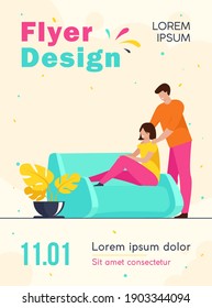 Happy young couple at home. Cheerful guy massaging shoulders of his girlfriend flat vector illustration. Relationship, comfort, relaxing concept for banner, website design or landing web page