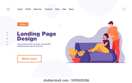 Happy young couple at home. Cheerful guy massaging shoulders of his girlfriend flat vector illustration. Relationship, comfort, relaxing concept for banner, website design or landing web page