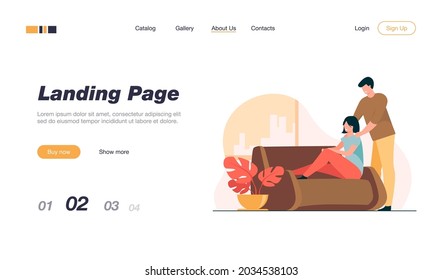 Happy young couple at home. Cheerful guy massaging shoulders of his girlfriend flat vector illustration. Relationship, comfort, relaxing concept for banner, website design or landing web page