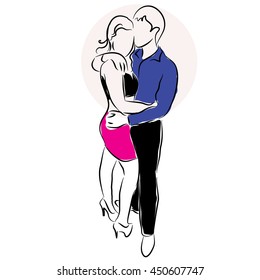 Happy young couple. Hugging the boy and girl. The sketch drawn by hand. Vector illustration.