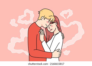 Happy young couple hugging cuddling on heart symbol background. Smiling man and woman embrace share intimate close tender moment together. Love and relationship. Vector illustration. 