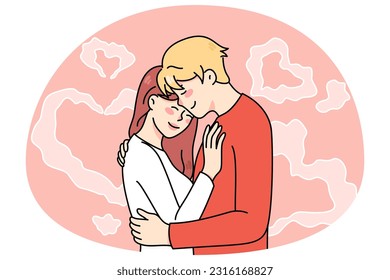 Happy young couple hugging cuddling on heart symbol background. Smiling man and woman embrace share intimate close tender moment together. Love and relationship. Vector illustration.