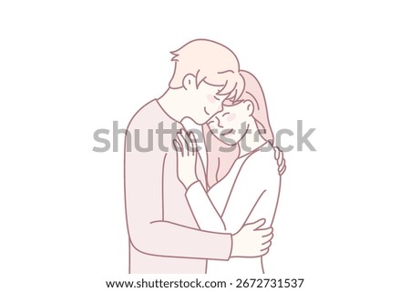 Happy young couple hugging cuddling on heart symbol background. Smiling man and woman embrace share intimate close tender moment together. Love and relationship. Vector illustration.
