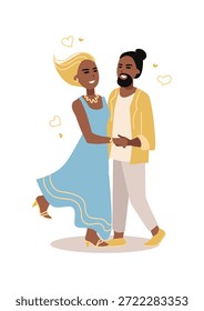 Una pareja joven feliz abrazándose, divirtiéndose y bailando juntos. San Valentín. Ilustración vectorial de una pareja amorosa.
