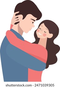 Happy young couple hugging. Smiling girl. Young girl hugs guy's shoulder. Brunette hugging guy. Woman and man hugging. Girl on a guy's shoulder. Flat vector illustration isolated on white background