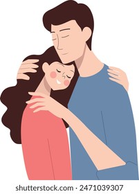 Happy young couple hugging. Smiling girl. Young girl hugs guy's shoulder. Brunette hugging guy. Woman and man hugging. Girl on a guy's shoulder. Flat vector illustration isolated on white background