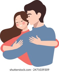 Happy young couple hugging. Smiling young girl hugs guy. Brunette hugging guy. Woman and man hugging. Girl on a guy's shoulder. Flat vector illustration isolated on white background. EPS10