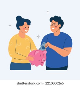 Happy Young Couple Investing A Coin In Piggy Bank. Family Fund, Passive Income Concept. Vector Flat Illustration.