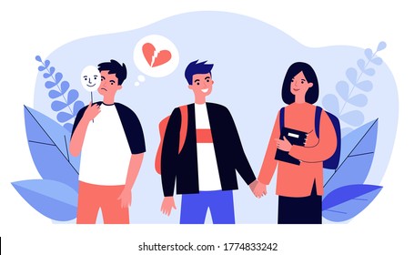 Una pareja joven feliz y un tipo celoso parado cerca de ellos. Máscara, juventud, ilustración vectorial plana de corazón roto. Concepto de amor y relación para banner, diseño de sitio web o página web de inicio