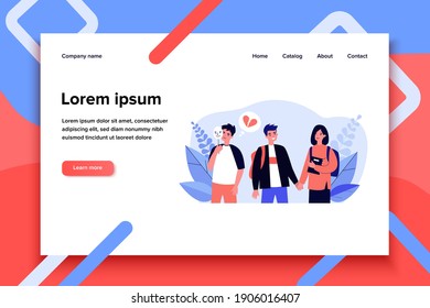 Happy young couple and jealous guy standing near them. Mask, youth, broken heart flat vector illustration. Love and relationship concept for banner, website design or landing web page