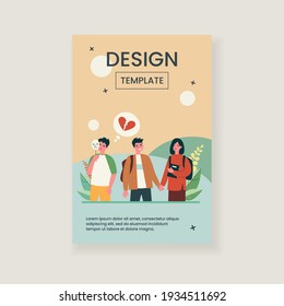 Happy young couple and jealous guy standing near them. Mask, youth, broken heart flat vector illustration. Love and relationship concept for banner, website design or landing web page