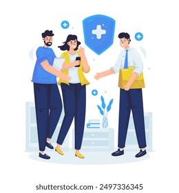 Happy young couple joins life insurance, Flat design of shaking hands during registration or approval process, Vector illustration