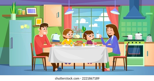 A happy young couple with kids having a meal at home in their kitchen at noon. A boy and a girl lunch together with mom and dad on a joyful holiday. Tasty food on a table. Eggs, juice and pancakes.